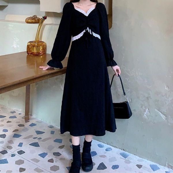 

casual dresses qweek vintage long sleeve black midi lace-up dress women korean style wrap drawstring party elegant autumn 2021 robe, Black;gray