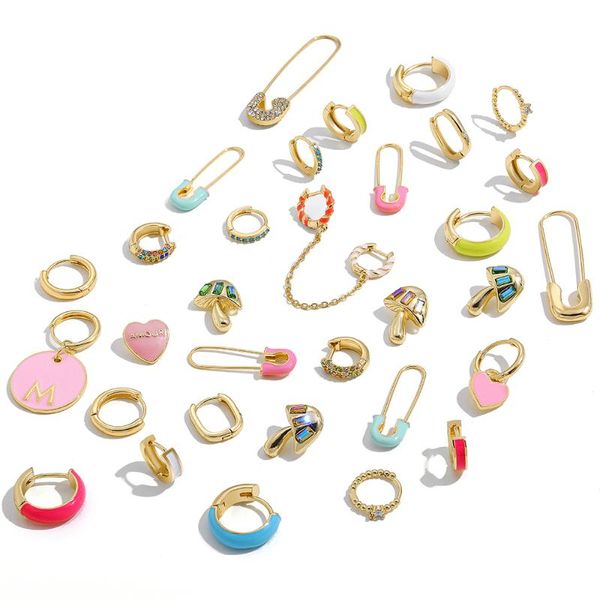 

hoop & huggie trendy colorful enamel safety pin earrings for women punk gold tiny cz mushroom ear piercing jewelry, Golden;silver