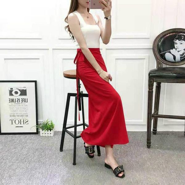 

skirts womens summer lace-up beach solid wrap one piece long high waist side split korean trendy femme, Black