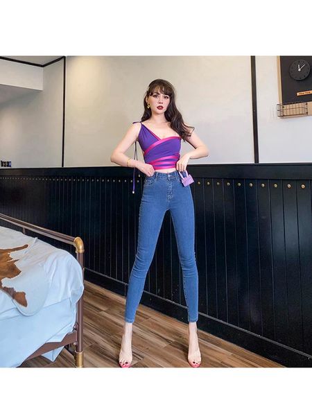 

women's jeans high waist skinny women black summer denim pants for ladies trousers, Blue