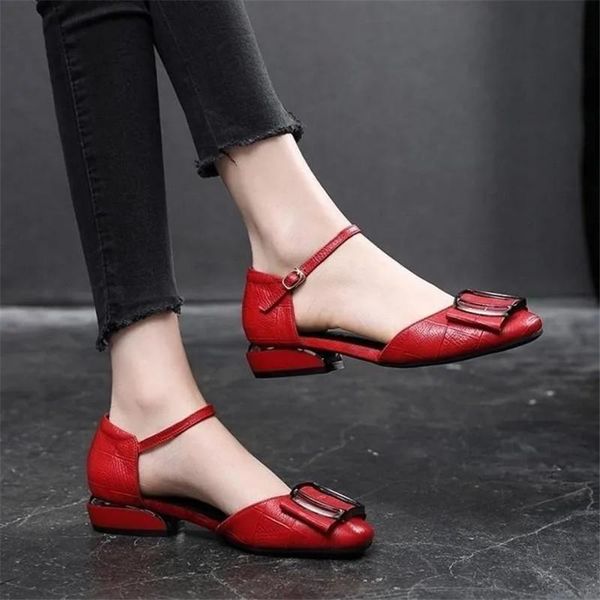 

sandals red peep-toe women pu leather fashion buckle strap designer summer low-heeled mother shoes zapatos de mujer ow2e, Black