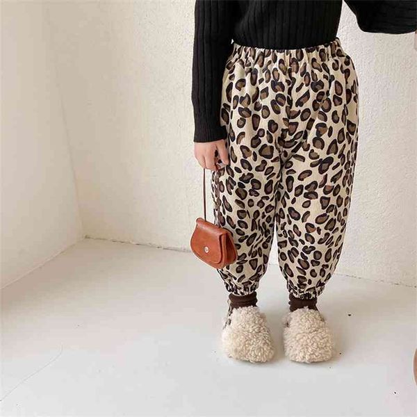 

winter girls warm plush inside leopard print pants kids corduroy floral thicken ankle banded trousers 210508, Blue