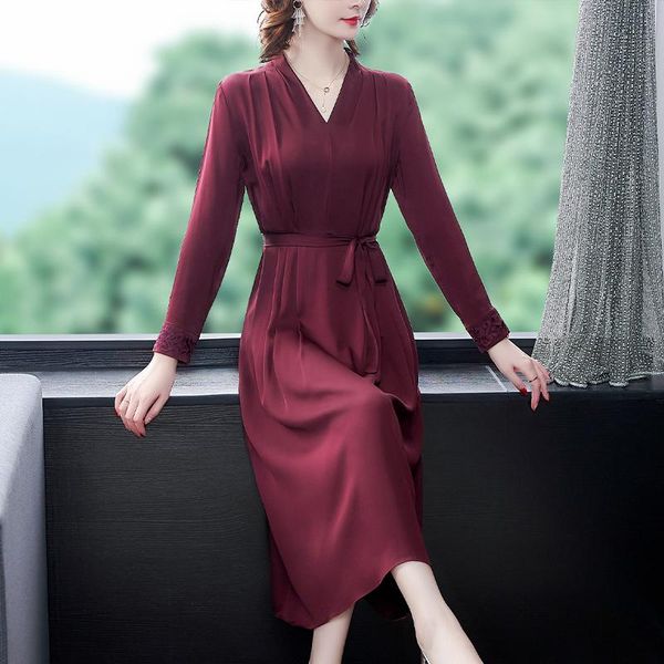 

casual dresses coigarsam women dress autumn 2022 office lady long sleeve silk solid belt red robe vestidos, Black;gray