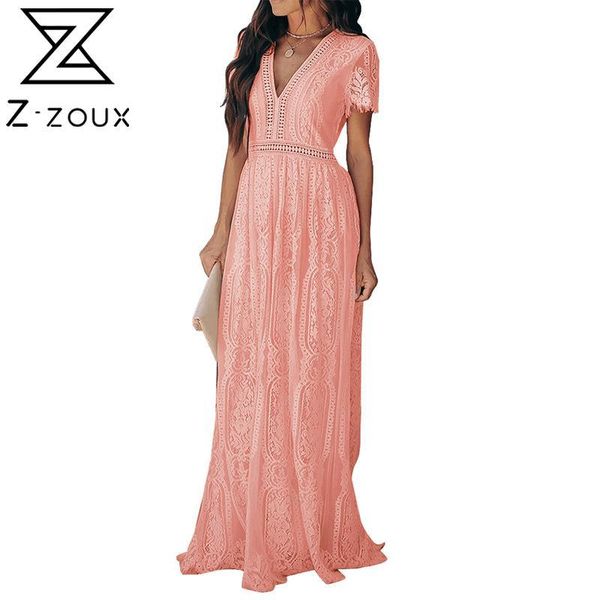 Z-Zou mulheres vestido v pescoço manga curta rendas temperamento maxi es oca out solto lazer plus tamanho es rosa 210524