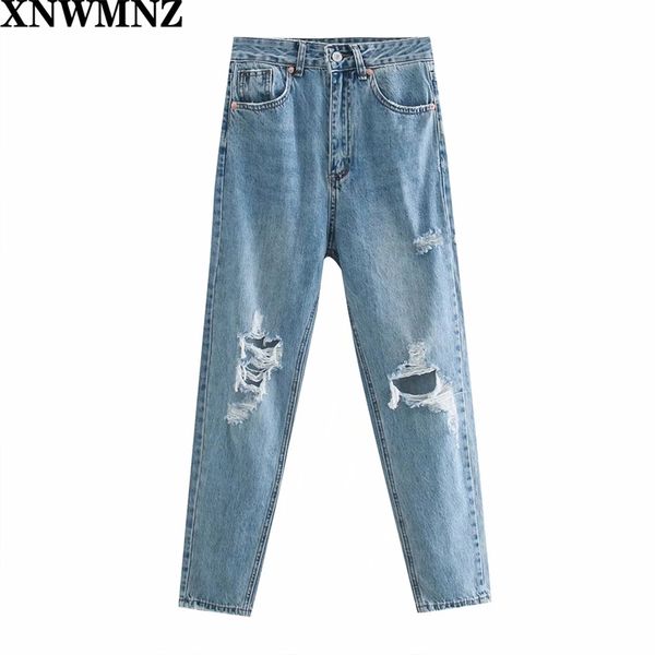 

za faded high-waist jeans featuring five-pocket design ripped detailing on the front and zip fly metal button fastenins 210922, Blue