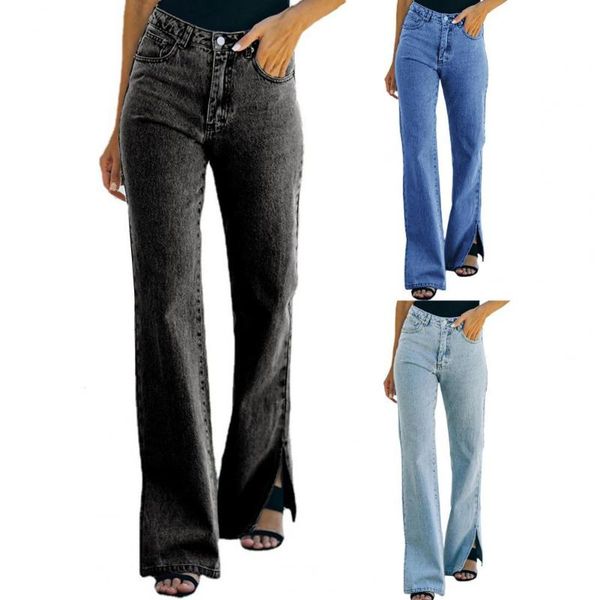 

women's jeans mid waist women multi pockets denim straight split stretchy skinny streetwear 2021 fashion wide legÂ, Blue