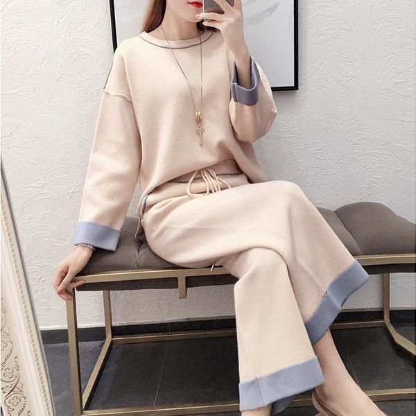 

two piece dress women's suit 2021 spring fashion loose large size long-sleeved wide-leg pants two-piece splicing women sweater, White