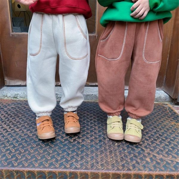 

trousers korean style winter patchwork pockets inner fleece sweatpant boys and girls cotton loose all-match sports, Blue