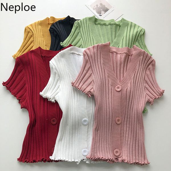 

neploe summer korean v neck t shirt women wooden ear short sleeve tee solid knitted cardigan shirt single breasted slim crop 210422, White