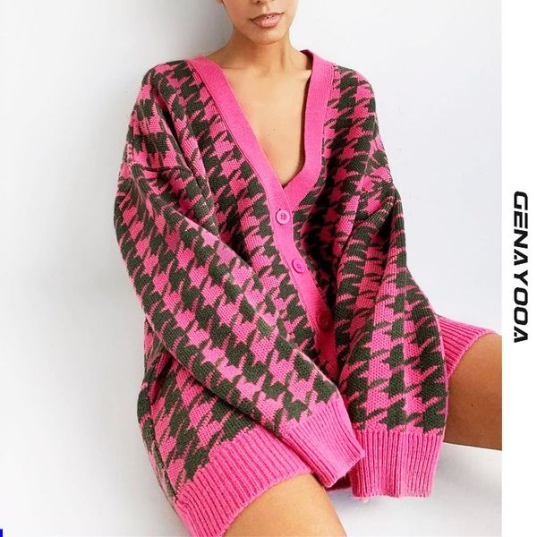 

genayooa 2021 cardigan women loose v-ne houndstooth long sleeve knit cardigans jaet sweater women oversized korean, Black