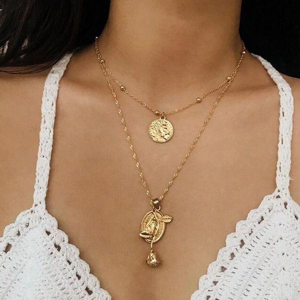 

pendant necklaces vintage jewelry lovers trendy girl rose coin gold color necklace accessories multilayer chain women kpop collares, Silver