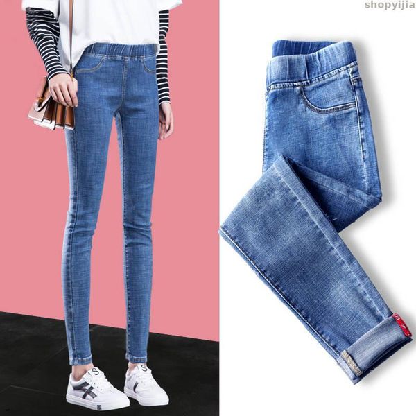 

women's jeans high street pencil pants for women korean waist bottoms elasticated blue denim plus size