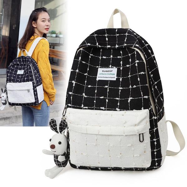 

school bags college style women's backpack fashion plaid student linen bag multi-pockets large capacity breathable light travel