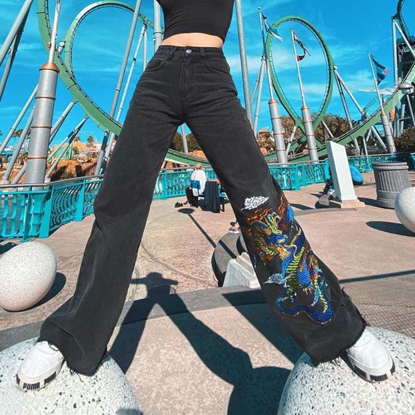 

women's jeans dragon wide leg 90s embroidery print tassels pants high waist autumn harajuku joggers korean denim trousers, Blue