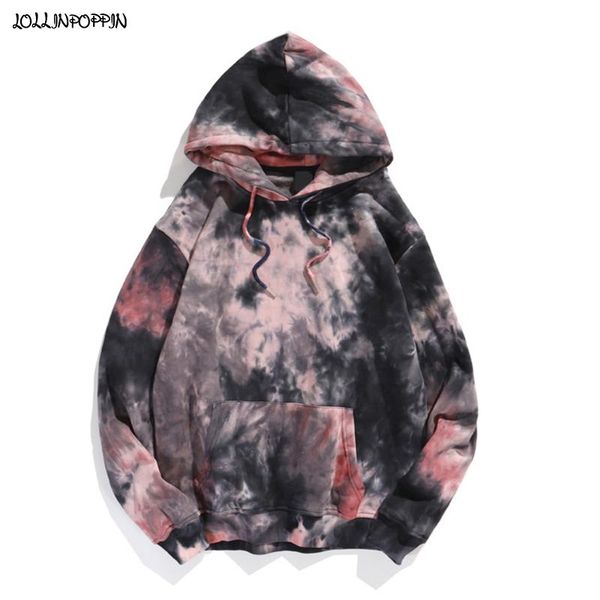 

hip hop streetwear men loose tie-dyed hoodies 2021 cotton terry hooded sweatshirts tie dye pullovers men's &, Black