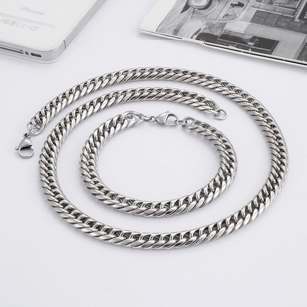 

earrings & necklace charming 9mm wide 24''+8.26'' fashion stainless steel jewelry set smooth link curb chain bracelet, Silver
