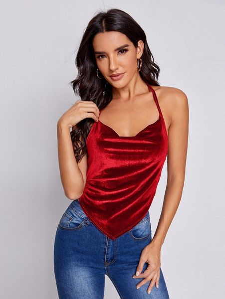 

draped neck hanky hem tied back velvet halter 015b#, White