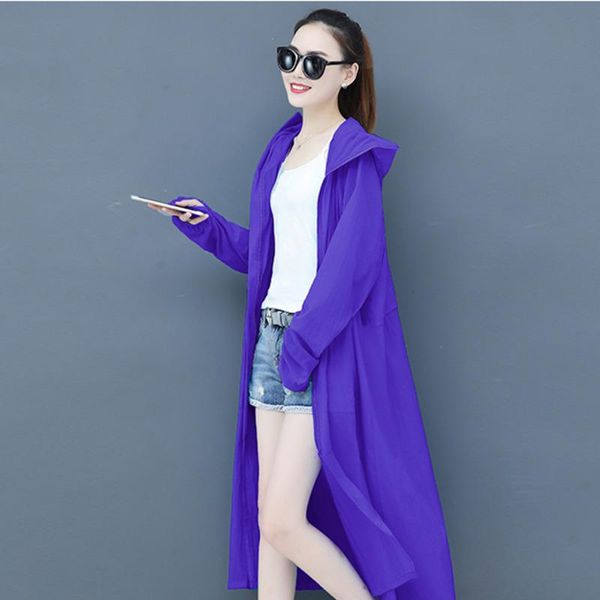 Damen Trenchcoats #5313 X-Long Mantel für Frauen Candy Farbe Casual Duster Side Split Dünne Sonnenschutz Mantel mit Kapuze Sommer