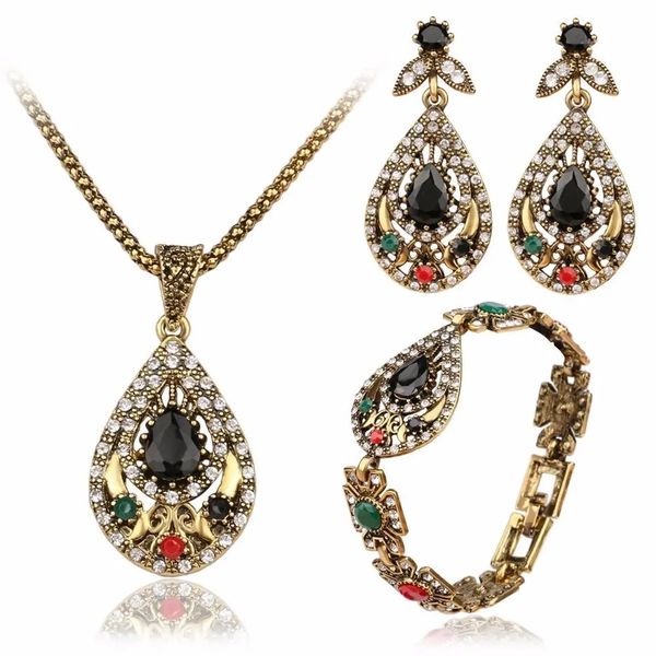 

4 pieces/set of retro water drop jewelry set hollow rhinestone bracelet necklace earring ethnic jewelry for women-colorful, Black