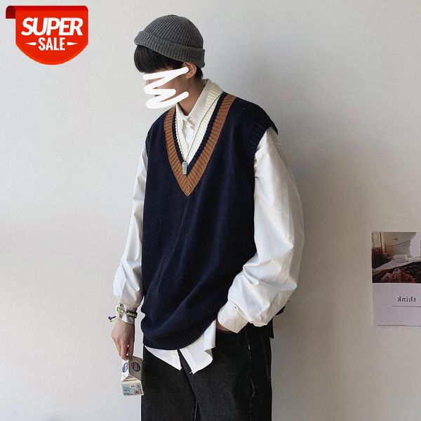 

2019 men's fashion loose brown/navy color sweater vest waistcoat v collar knitting pullover coats plus size -2xl #u82q, White;black