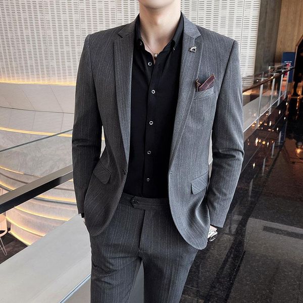 

men's suits & blazers (jacket+pants)male business casual darker stripes 2 pieces set formal slim fit tuxedo groom for men wedding suit, White;black
