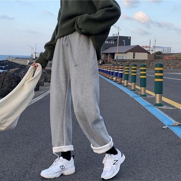 

autumn winter pants women high waist plus velvet sweatpants korean style loose fleece trousers women's & capris, Black;white