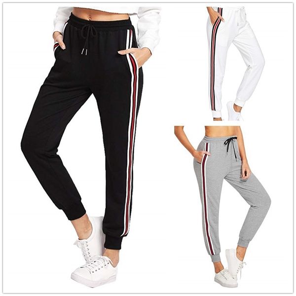 

women's drawstring side red and white striped sweatpants, Black