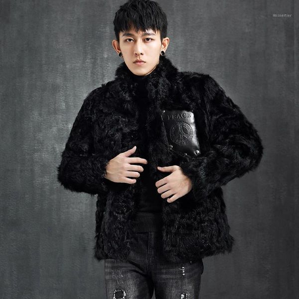 

men's leather & faux lamb fur original ecological one mens genuine clothes fashion trend roll sheep wool coat men's, Black