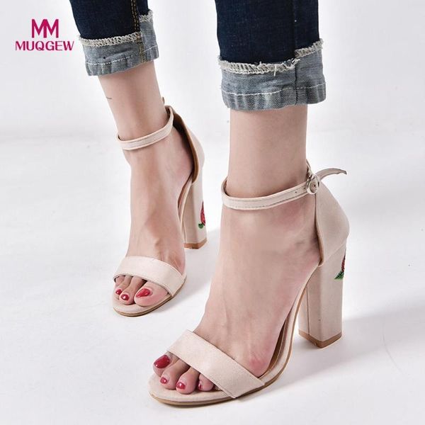 

women shoes summer sandals suede rose embroidery with crude high-heeled feminine charm sapato feminino, Black