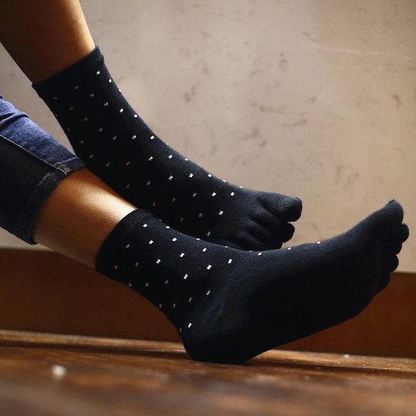 

men's socks 5 pairs thin business casual dot men middle tube split toe cotton five finger, Black