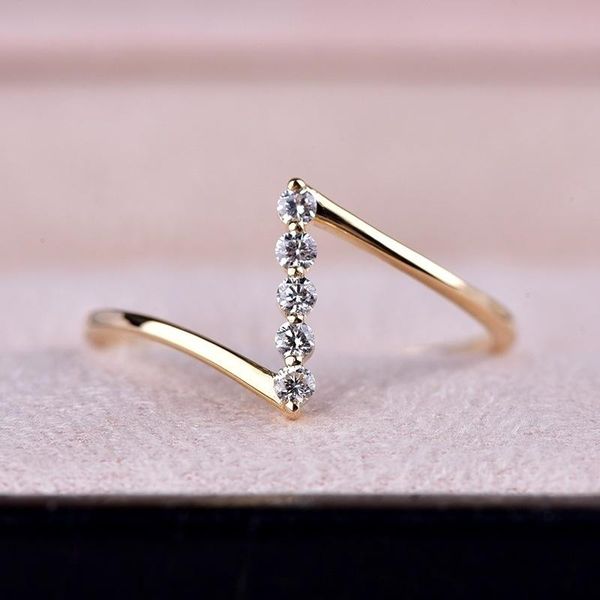 

wedding rings dainty 5 cz crystal ring geometric silver, gold or rose plate delicate stackable lovely gift for her, Slivery;golden