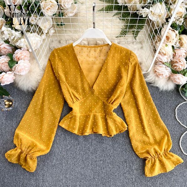 

women's blouses & shirts yornmona chiffon deep v-neck slim waist ruffled women blouse shirt elegant polka dot yellow ladies, White