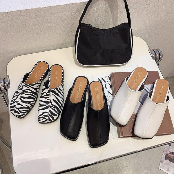 

slippers loafers female shoes home women's mules cover toe square heel low luxury slides 2021 massage block designer summer, Black