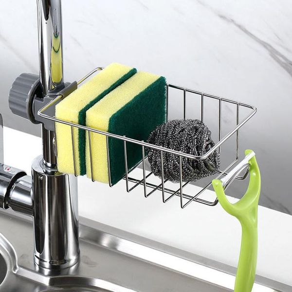 

stainless steel durable kitchen sink faucet storage shelf organizer soap sponge cloth towel holder bathroom plate rack & organization