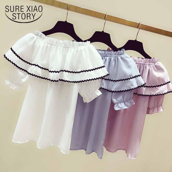 

women blouses 2021 short sleeve ruffles chiffon blouse shirts slash neck off shoulder womens and 5148 50 women's, White