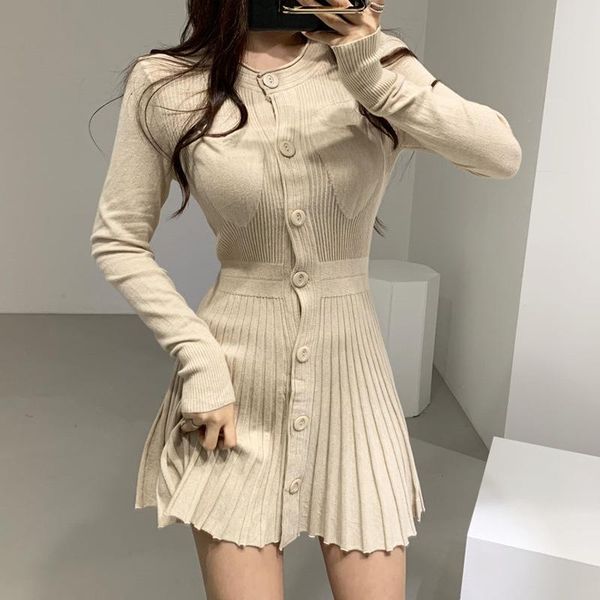 

casual dresses woman gray dress o neck single button slim waist fashion solid color autumn winter knitting party elegant vestidos, Black;gray