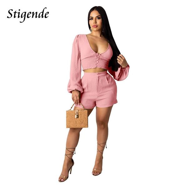 

stigende women deep v neck chiffon two piece set long sleeve ruched crop and shorts casual bodycon 2 sets outfits women's tracksuit, Gray