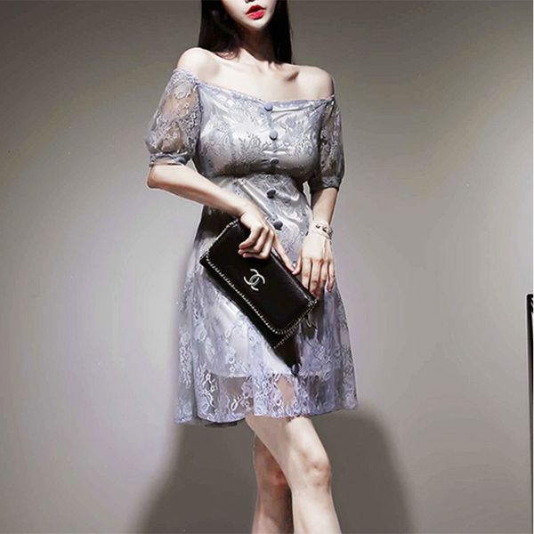 

dress arrival fashions up as elegant women's party summer off lace perspective temperament little skinny lady, Black;gray