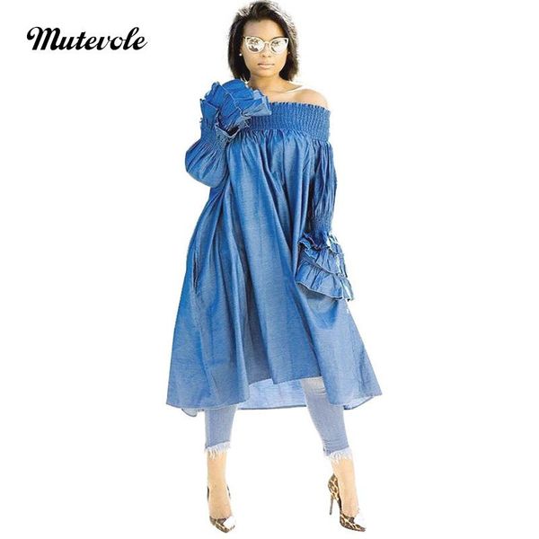

casual dresses mutevole flare sleeve cascading ruffle denim dress women off shoulder jean midi slash neck blue loose, Black;gray