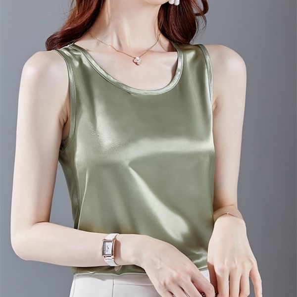 

korean silk women woman satin sleeveless camis vest women solid tanks plus size ladies silk tees woman halter 210319, Black