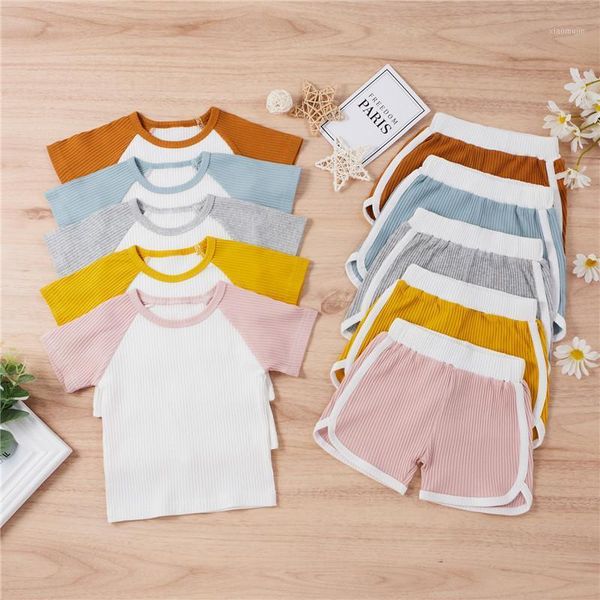 

colors fashion toddler boys girls summer solid ribbed knitted o-neck short sleeves t-shirts +elastic waist shorts outfits clothing sets, White
