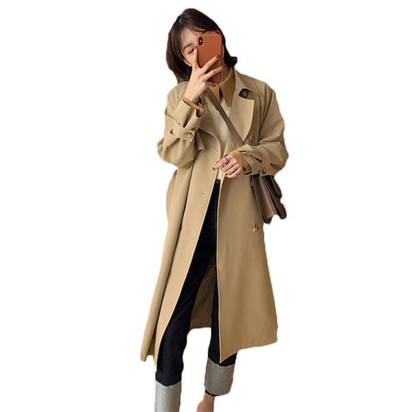 

women's trench coats 2021 spring autumn windbreaker female mid-length british style khaki for women overcoats f046, Tan;black