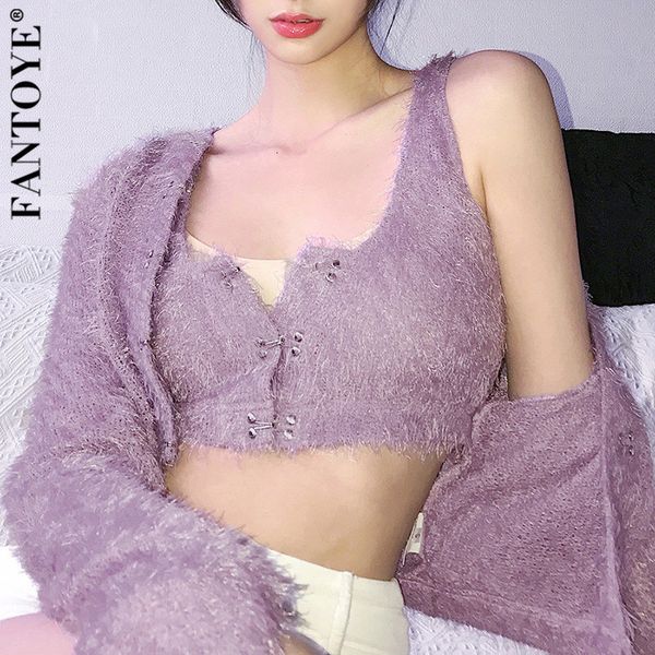 

women's down & parkas autumn plush button cardigan two piece set women purple long sleeve crop suit fitness thicken jackets telm, Black