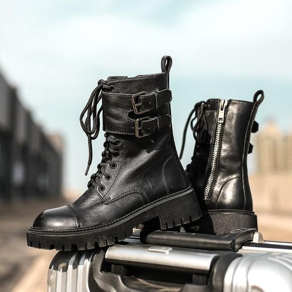 

boots mezereon punk style ankle natural leather winter shoes woman daily footwear with buckle round toe arrive, Black