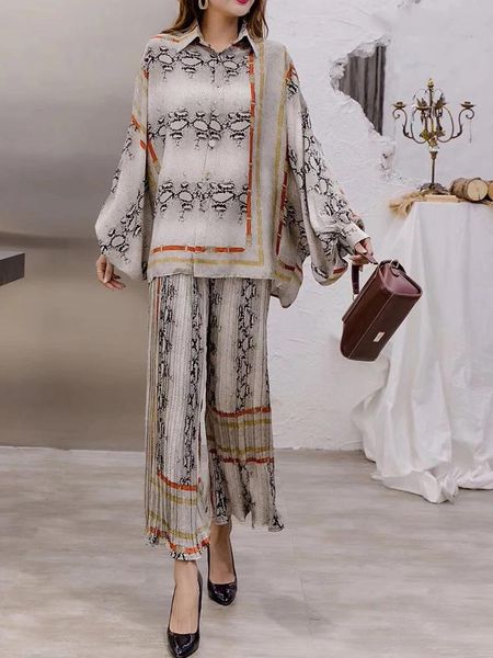 

women's two piece pants retro print lapel long sleeve shirt two-piece suit ladies autumn style + elastic waist pleated zou wide leg, White