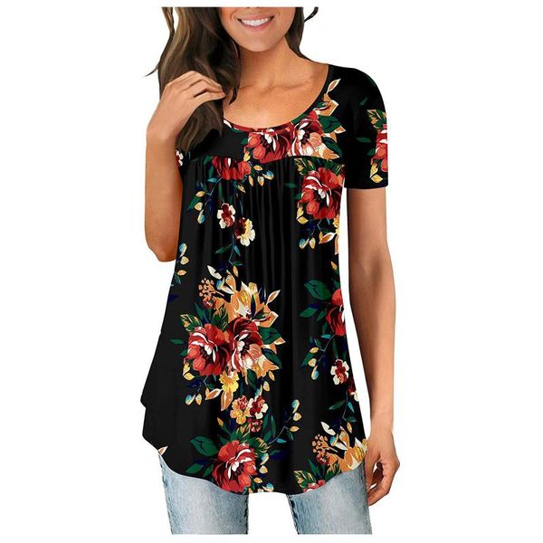 

women's t-shirt vintage flower summer o-neck print short -sleeved casual loose plus size camisetas #t1g, White