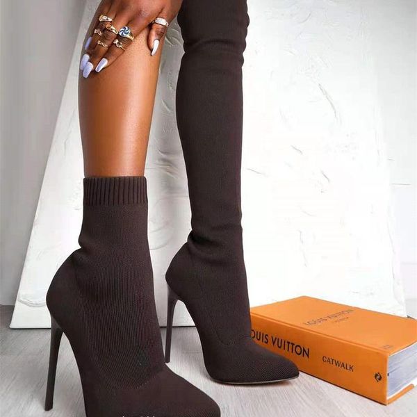 

boots women pointed high heel over the knee winter slip on stretch fabrics long suede leather party, Black