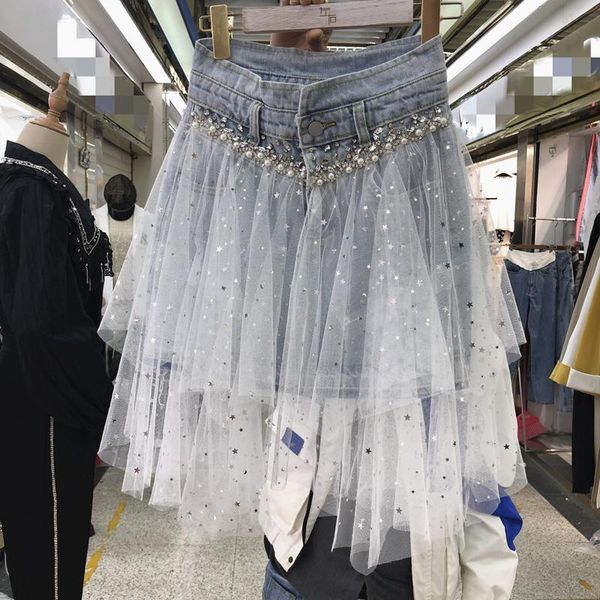 

skirts 2021 summer denim skirt women's fashion heavy industry stitched bead mesh star sequin fairy, Black