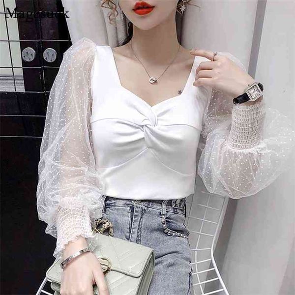 

autumn mesh lace puff sleeve square collar polka dot vintage blouse women see through loose white shirt 12075 210512