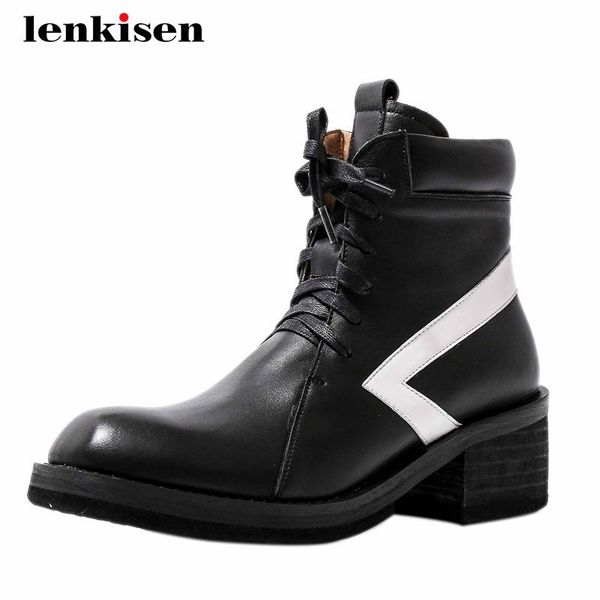 

boots lenkisen european style genuine leather mixed colors designer round toe thick high heel lace up neutral fashion ankle l75, Black